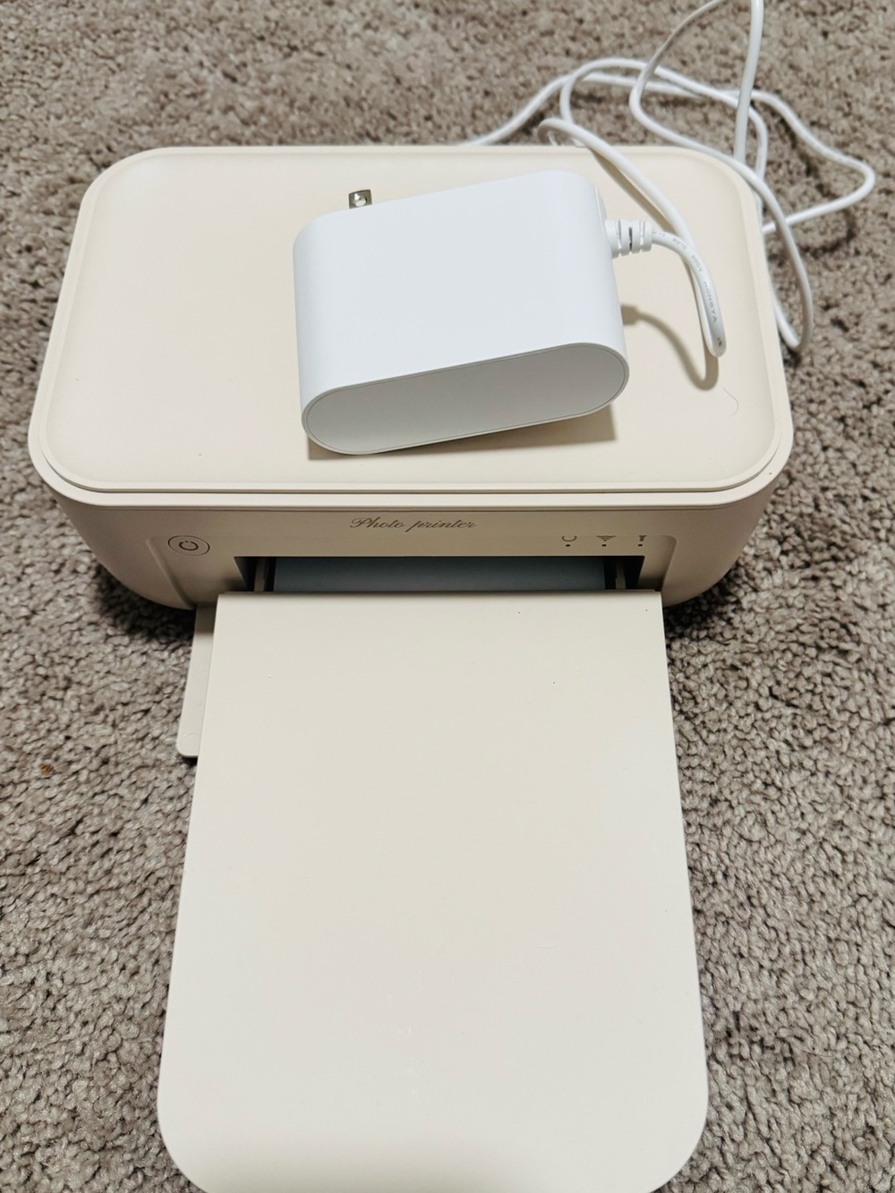 Compact Cream Photo Printer with White Power Adapter
